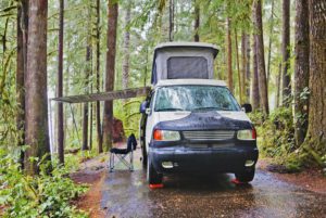 road trip camper parked in forest